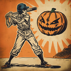 Baseball Player with Bat and Carved Pumpkin Illustration