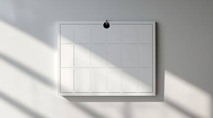 Photo of a minimalist blank white calendar with crisp edges and a sleek finish, mounted on a smooth white wall with a subtle sheen, evenly lit under professional studio lighting.