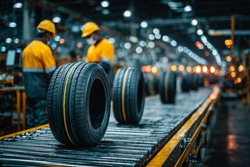 Automotive tires moving on a production line in a modern manufacturing factory with workers.