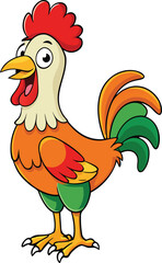 Cartoon rooster with bright feathers and open beak