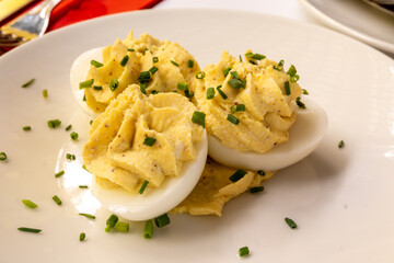 Traditional basic starter by traditional french cheap restaurants bouillons in Paris, Lyon, Toulouse, oeufs eggs mimosa with mayonnaise sauce