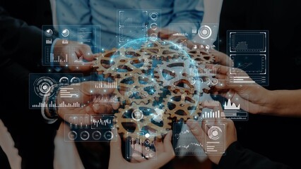 A diverse team collaborates on a business project, showcasing a high-tech interface. This image captures the essence of teamwork and innovation in a modern workspace. Raster