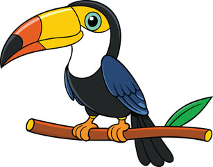 Cartoon toucan perched on a branch with vibrant beak