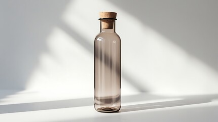 A photo of a sleek reusable eco-friendly glass water bottle with a natural cork stopper, standing upright on a pristine pure white background, with clean and subtle shadows.