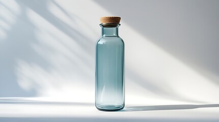 professional photo of a sleek reusable eco-friendly glass water bottle with a natural cork stopper, standing upright on a pristine pure white background, with clean and subtle shadows.