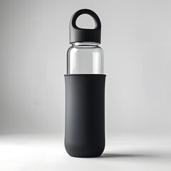 Photo of a sleek reusable glass water bottle with a durable black silicone sleeve and a matching black cap, placed upright on a pure white background.