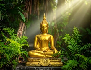 Obraz premium Golden Buddha statue in lush green foliage