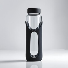 A professional photo of a sleek reusable glass water bottle with a durable black silicone sleeve and a matching black cap, placed upright on a pure white background.