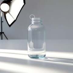 A professional photo of a transparent glass water bottle lying horizontally on a pristine white surface with the cap visible and slightly turned to reveal its threading, minimal subtle shadows.