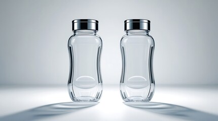 Photo of two identical transparent glass water bottles with sleek designs and silver lids, placed side by side on a pristine white background, evenly illuminated by soft studio lights.