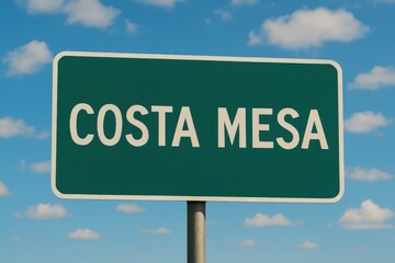 Green highway sign displaying "Costa Mesa" in white capital letters, set beneath a bright blue sky with scattered clouds.