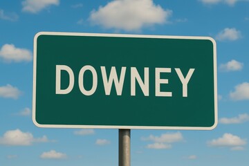 Green highway sign with bold white "Downey" text, set against a bright blue sky with scattered fluffy clouds.