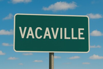 Green highway sign with bold white "Vacaville" text, set against a bright blue sky with scattered fluffy clouds.