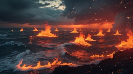 A professional photo of vast turbulent waves of fiery flames replacing ocean water, glowing deep red horizon with intense orange undertones, sparks and embers flying in stormy dark skies.