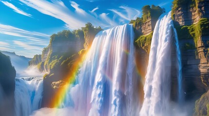 A professional photograph of a colossal waterfall appearing to defy gravity, with water cascading upward into the sky, sunlight refracting into vibrant rainbow-like colors.