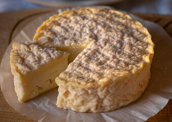 French soft Camembert cheese, original Camembert de Normandie made from raw unpasteurised cow milk
