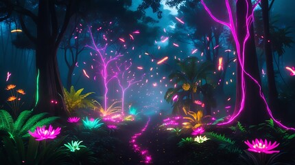 Photograph of a lush forest where every tree and plant radiates bioluminescent neon colors, with vibrant fireflies swirling in patterns reminiscent of galaxies.