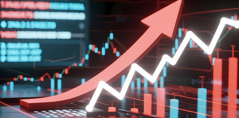 Digital stock market chart with upward trend arrow and candlestick graph
