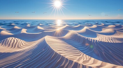 A professional photograph of endless waves forming the shape of sand dunes under the radiant bright sun with intense mirage-like reflections creating a surreal realism effect.
