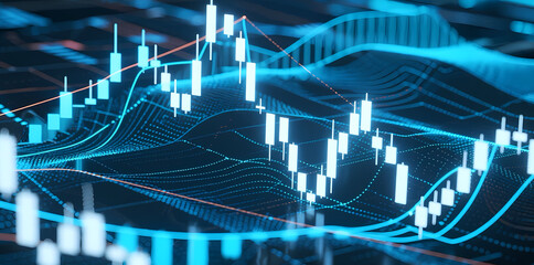 Digital financial chart with candlestick patterns and wave lines on a futuristic blue background
