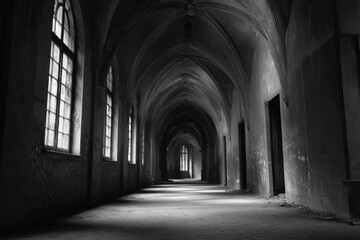Fototapeta premium Moody, dimly lit gothic corridor with pointed arches and stone walls, evoking mystery, history, and ancient architectural grandeur.