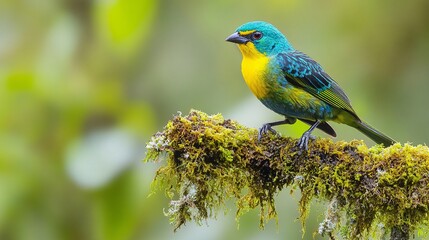 Obraz premium A colorful turquoise and yellow bird perched on a mossy branch in a natural setting outdoors