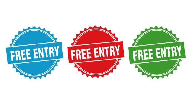 Three circular badges with the words Free Entry printed on them in white text on a blue red and green background