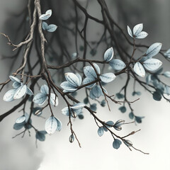 Branches with Blue-Tinted Leaves Against Gray Background