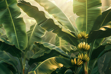 Sunlight filters through the lush canopy of a banana plantation, illuminating the vibrant green leaves and clusters of delicate, nascent bananas