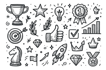 Hand-drawn doodle set with trophy, lightbulb, and graph for success and achievement themes