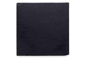 Empty rustic black slate stone plate isolated on white background, copy space, top view