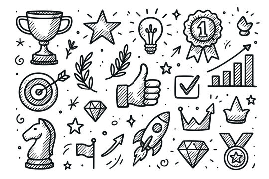 Hand-drawn doodle set with trophy, lightbulb, and graph for success and achievement themes