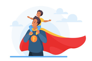 Dad wearing superhero cape with child on shoulders symbolizing fatherhood, heroism, family love, parenting, and playful bonding for Father's Day or parenting themes vector illustration
