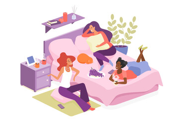 Three women relaxing together on a bed, chatting, eating snacks, and celebrating a hen party in a cozy bedroom setting, perfect for friendship and party themes vector illustration