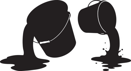 Two black paint buckets spilling liquid in a silhouette isolated on white background