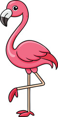 Cute cartoon pink flamingo standing on one leg