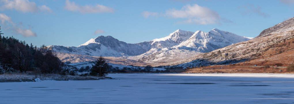 Frozen Lake Panoramic over Llynnau Mymbyr, Capel Curig, with the Snowdon Range Mountains in the Distance, Eryri Snowdonia, Wales - Powered by Adobe