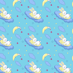 Seamless baby pattern, cute bunny sleeping on a cloud, moon, stars, hearts, cloud, children, childhood