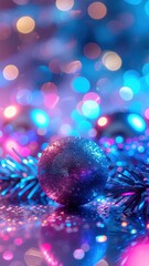 A high-fashion New Year background with a blue Christmas bauble, fir branches, and vibrant neon pink and blue bokeh lights.