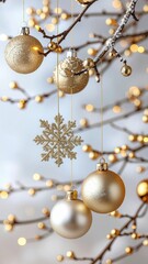 A minimalist vertical wallpaper of golden Christmas baubles and snowflakes hanging from a branch against a clean background.