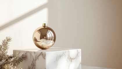 An ultra-stylish and minimalist Christmas poster featuring a single golden bauble on a marble podium.