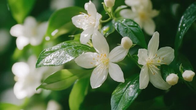 A close-up shot of a bunch of white flowers with green leaves, ideal for use in arrangements or as decorative props