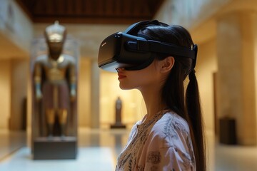 Young girl using virtual reality goggles exploring ancient ruins