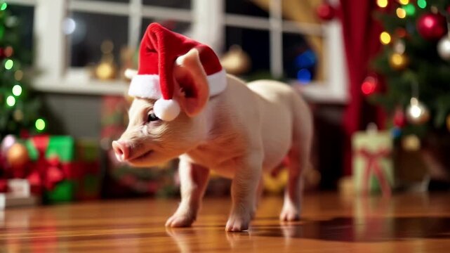 Adorable piglet in a Christmas cap. Christmas background with Christmas tree balls and decorations. Fairytale atmosphere of New Year and Christmas, Christmas Eve.