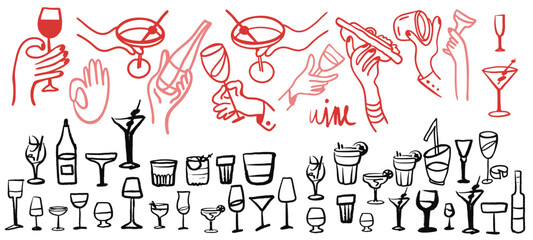 Isolated vector set of wine and alcoholic beverage glasses and tumblers. Hand drawn sketch.Red and black drawing on white background.Cocktails, martini, whiskey, cognac, vodka, gin tonic, beer, brandy