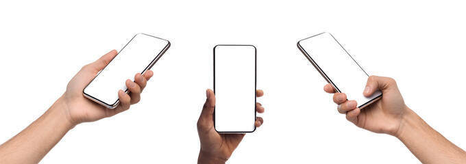 Set collection of male and female hands holding smart phones with white empty screen, showing using devices, sharing media, transfer data files, free copy space. Panorama, mock up, studio background