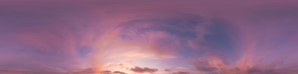 Obraz premium Sunset sky with bright glowing pink Cirrus clouds. Seamless spherical HDR 360 panorama. Full zenith or sky dome in 3D, sky replacement for aerial drone panoramas. Climate and weather change.