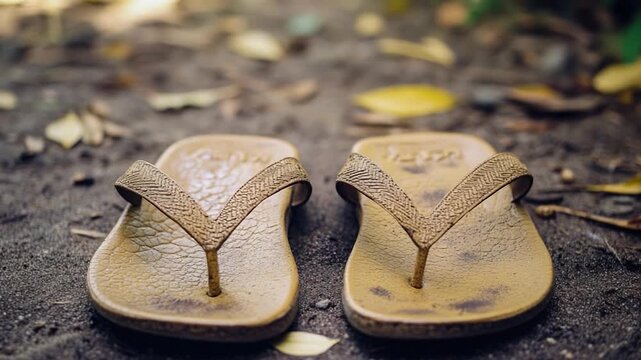 A pair of flip flops abandoned on the ground, perhaps left behind or lost