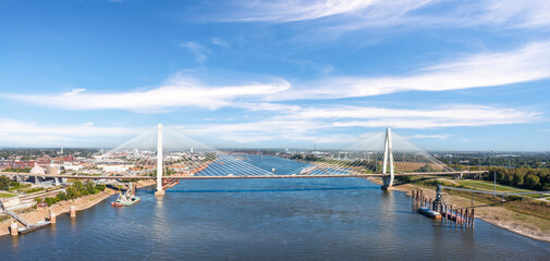 Aerial panorama of the Stan Musial Veterans Memorial Bridge in St. Louis, Missouri. The Stan Musial Veterans Memorial Bridge was also known as the New Mississippi River Bridge until 2013