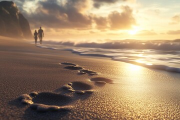Couple walking along shoreline at sunrise